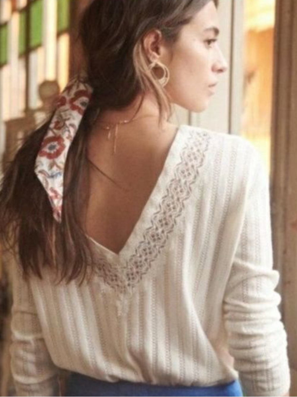Sézane Maelan Cream Lace V-Neck Sweater
